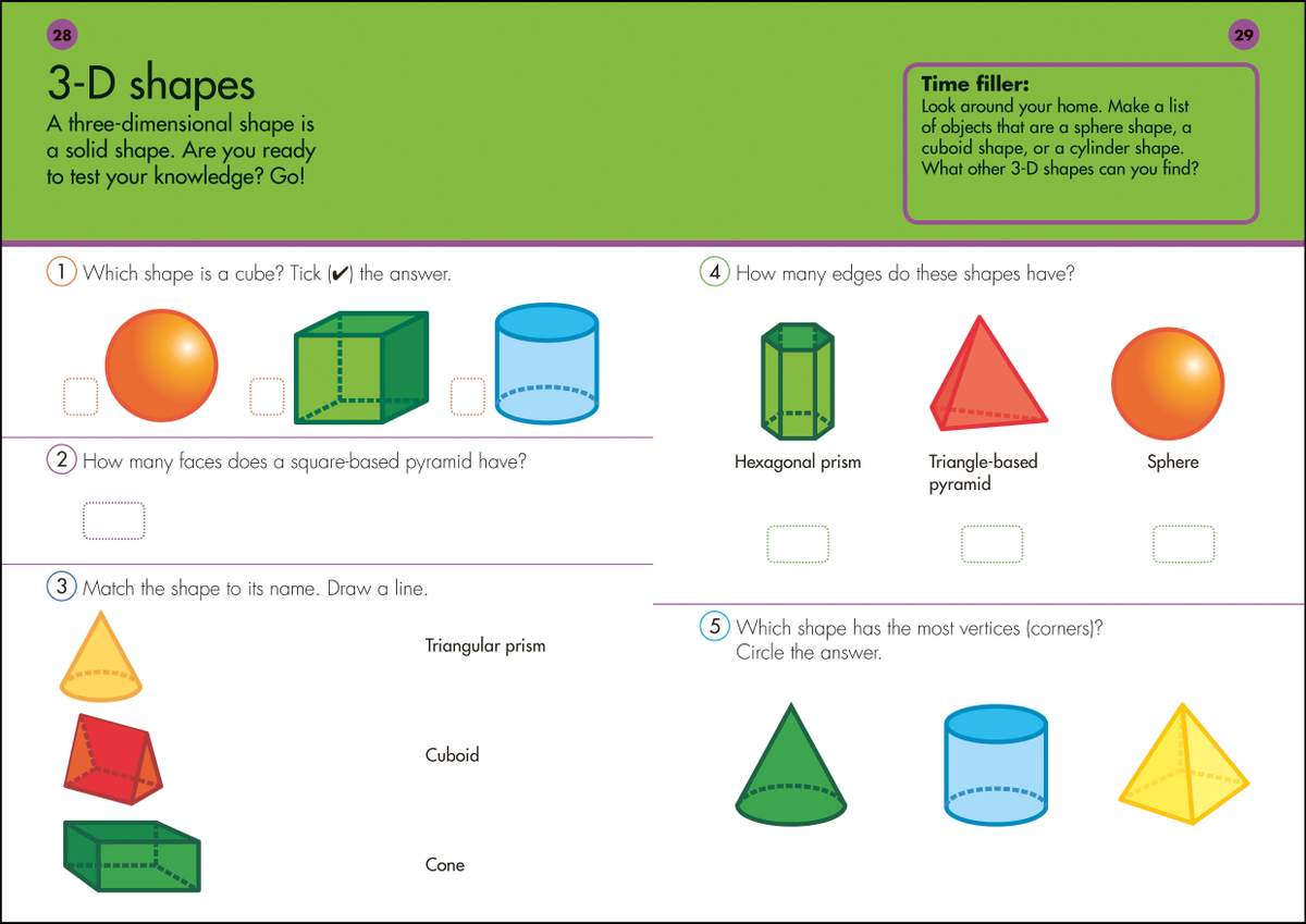 Children identify cubes, count faces on pyramids, match shapes to names, and circle the shape with the most vertices