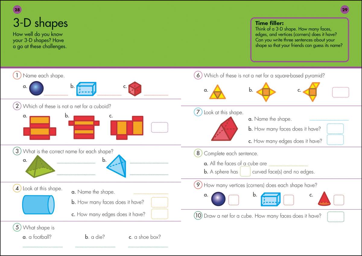 Ten questions on 3-D shapes, including naming solids, counting faces and edges, and drawing nets