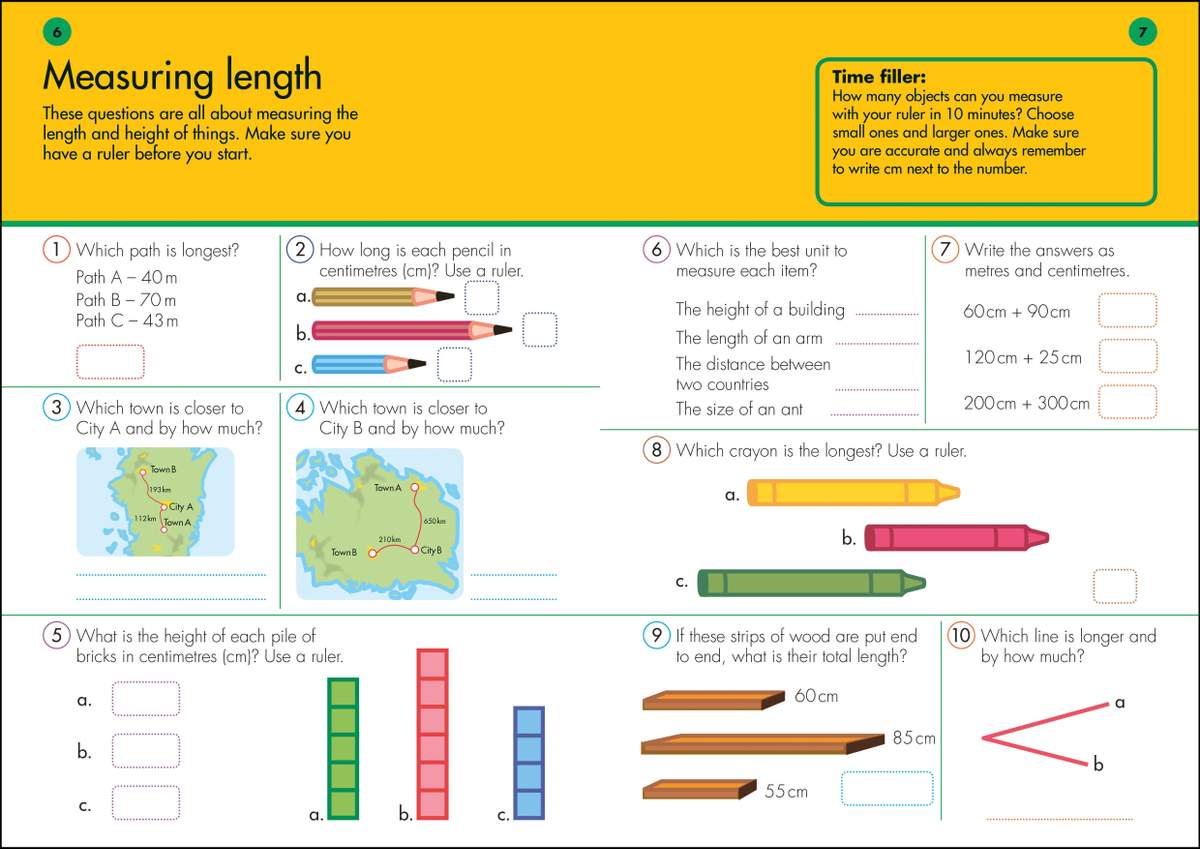 Ten questions on measuring length and height, including comparing paths, measuring pencils and bricks, and adding lengths