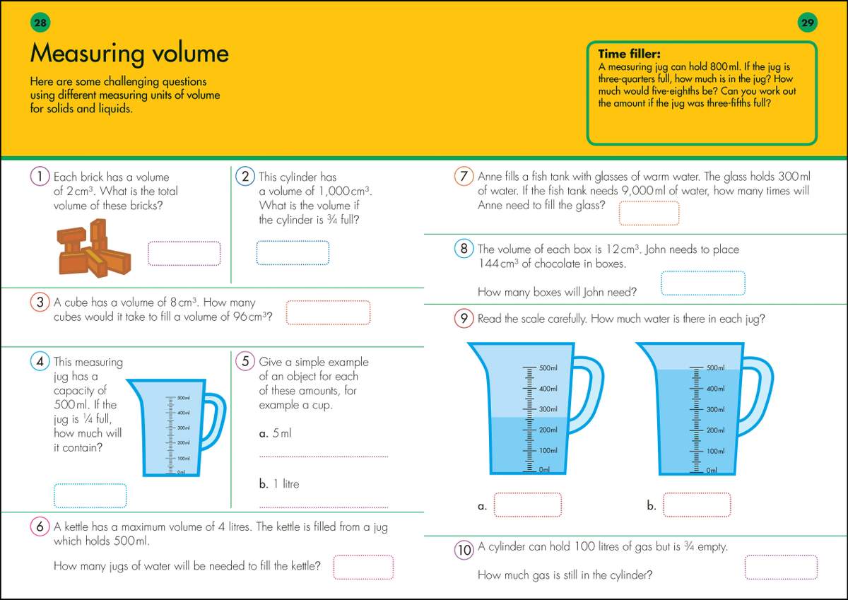 Ten questions on calculating volume and capacity, including bricks, jugs and fish tanks, with boxes to write answers in