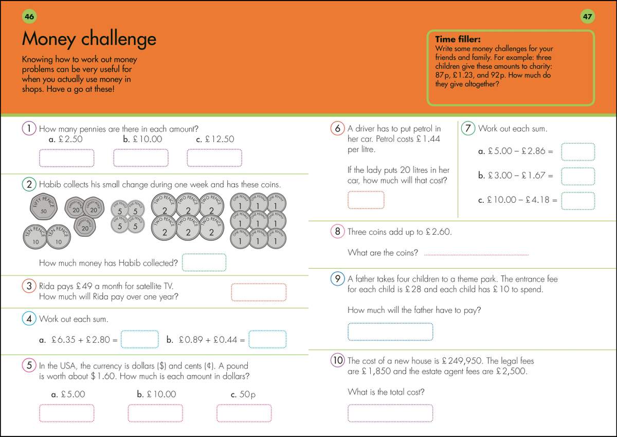 Ten money problems involving coins, petrol costs and currency conversion, with boxes to write answers
