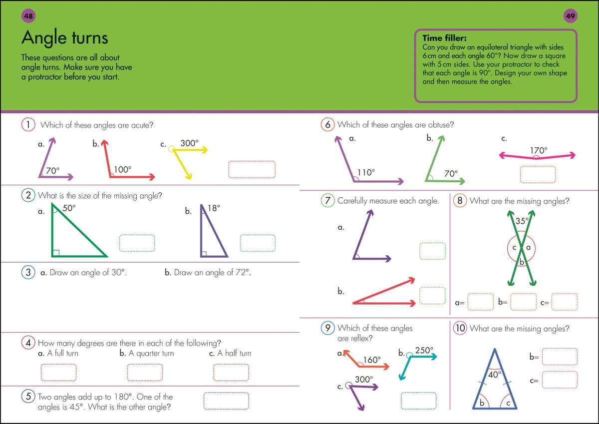 Ten questions on identifying, measuring and calculating angles, including drawing specific degrees and finding missing