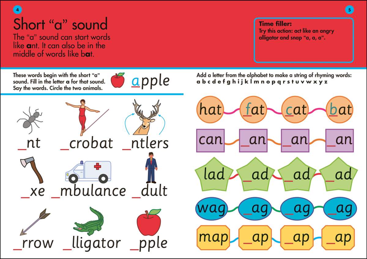 Children fill in the letter a in words, circle animals, and complete rhyming word chains to master the short a sound