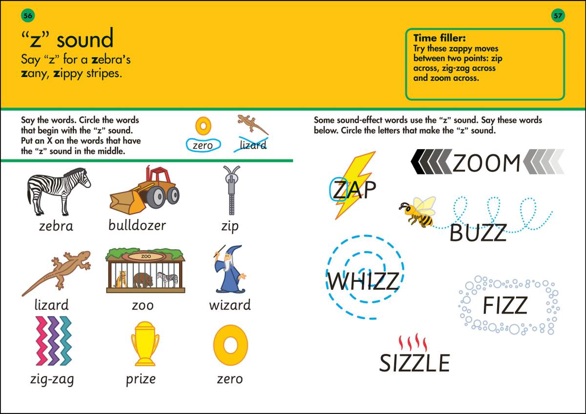 Children circle words starting with z, cross out those with z in the middle, and circle letters in sound-effect words