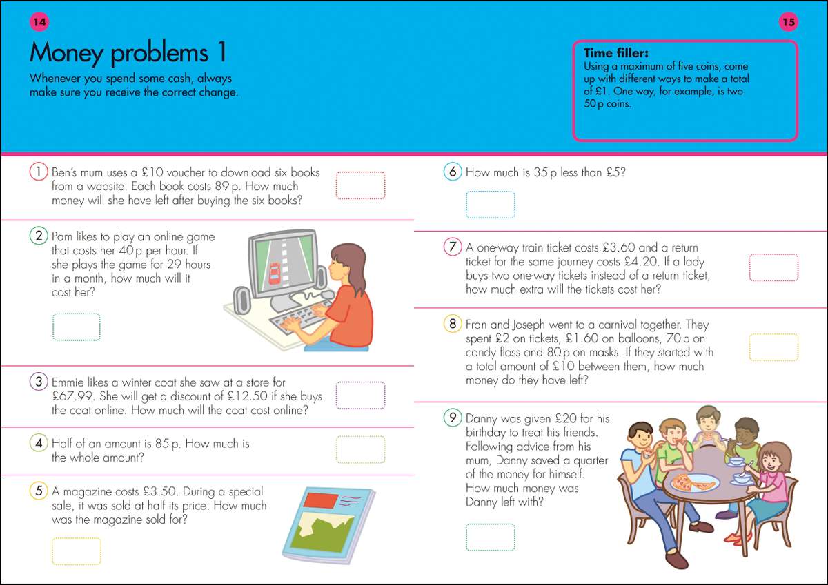 Nine word problems on money, including change, discounts and sharing, with boxes for answers
