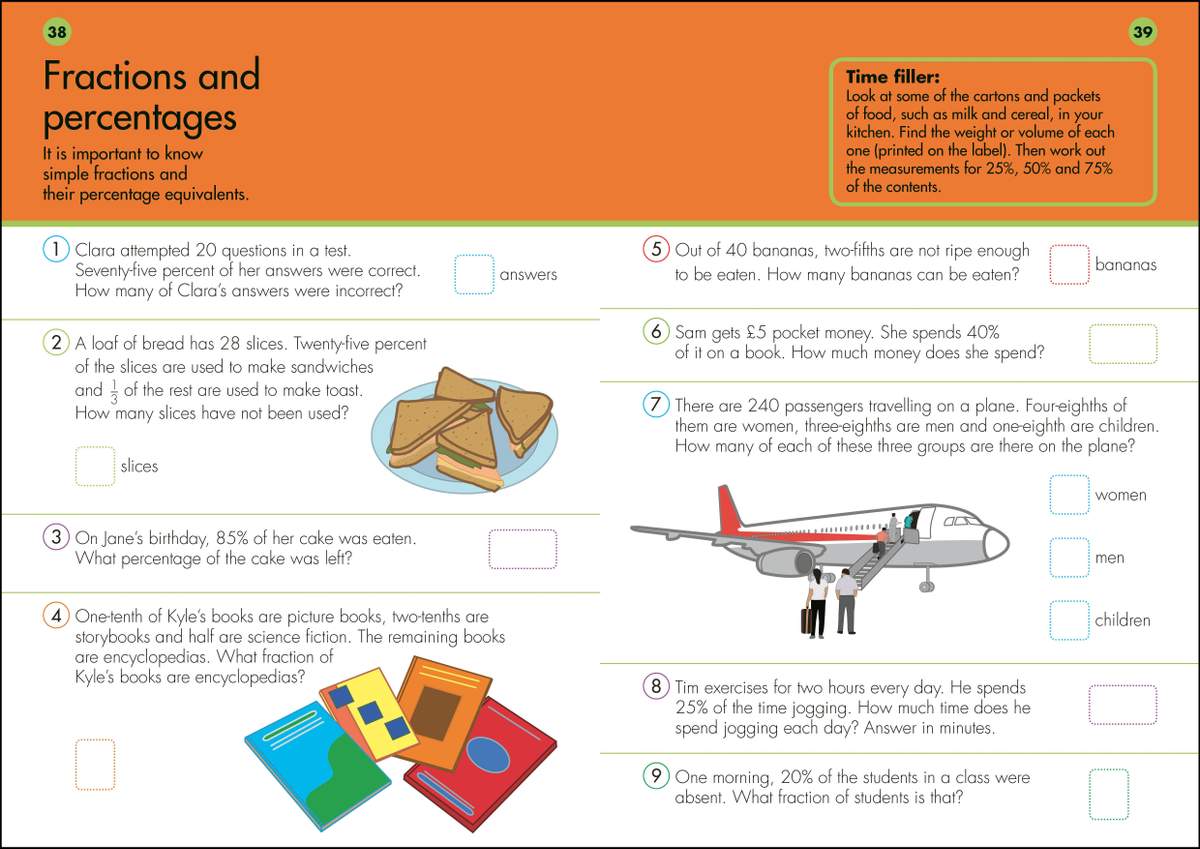 Nine word problems on fractions and percentages, with boxes to write answers in