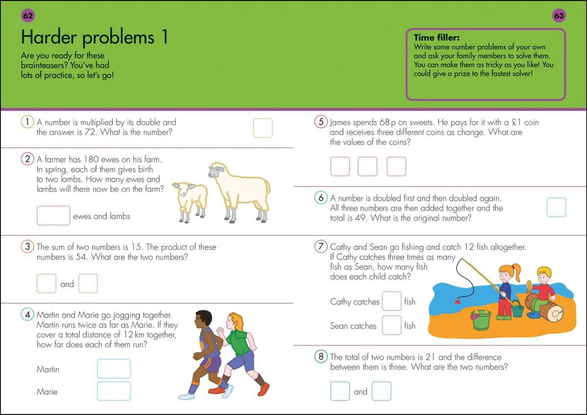 Eight word problems on algebra and arithmetic with boxes for answers and a time-filler activity