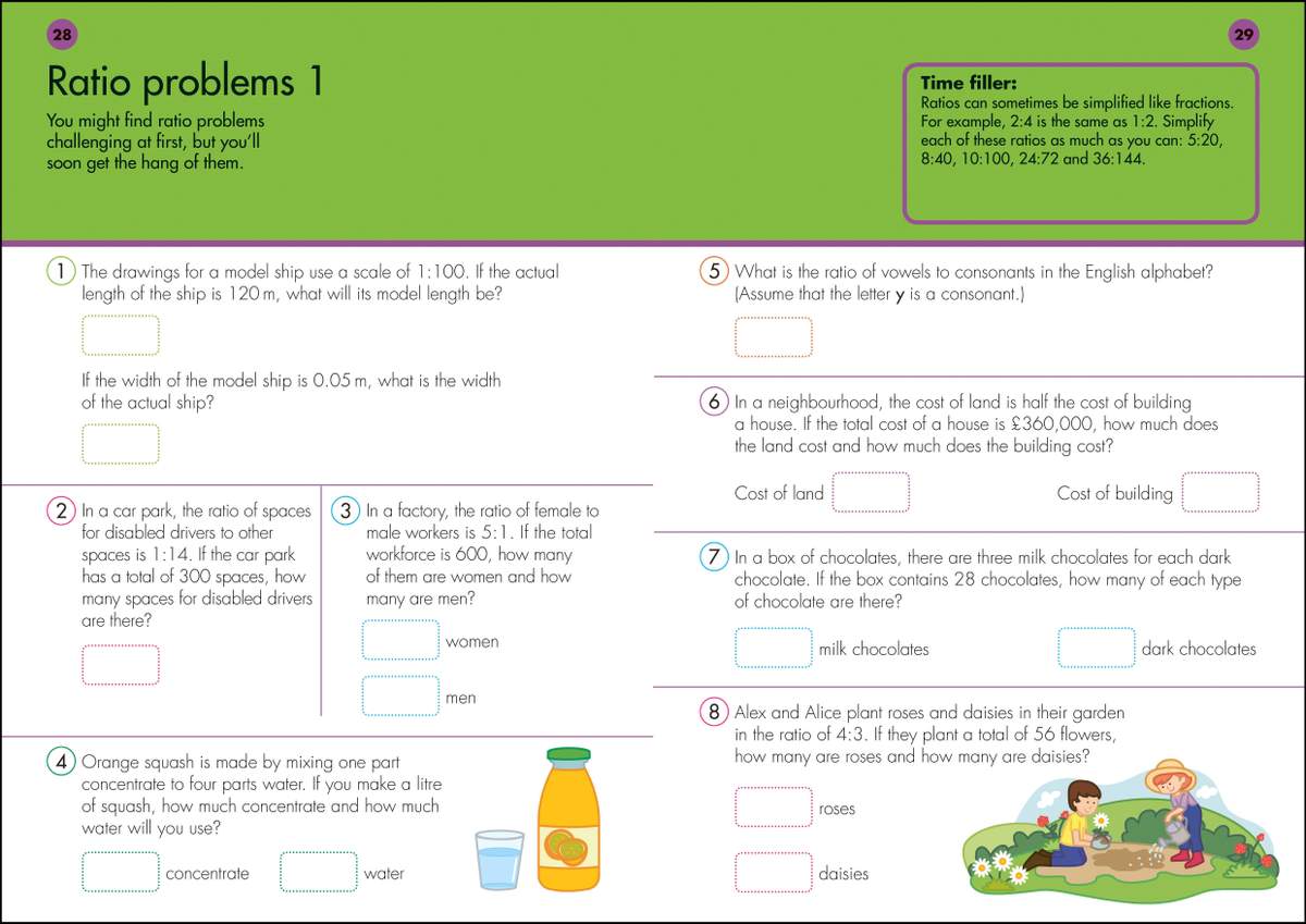 Eight ratio word problems involving model ships, car parks, and gardening, with boxes for answers