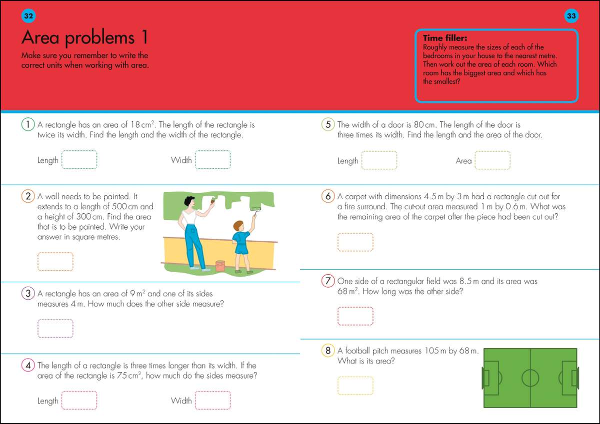 Eight word problems on calculating the area of rectangles, with boxes for answers and a real-life time-filler task
