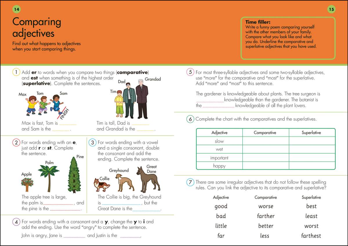 Children complete sentences and fill in a chart to practise forming comparative and superlative adjectives