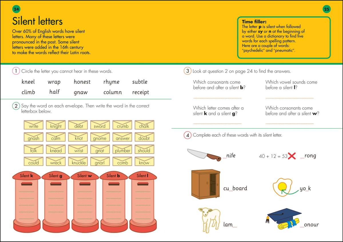 Children circle silent letters, sort words into post boxes, and complete words with missing silent letters
