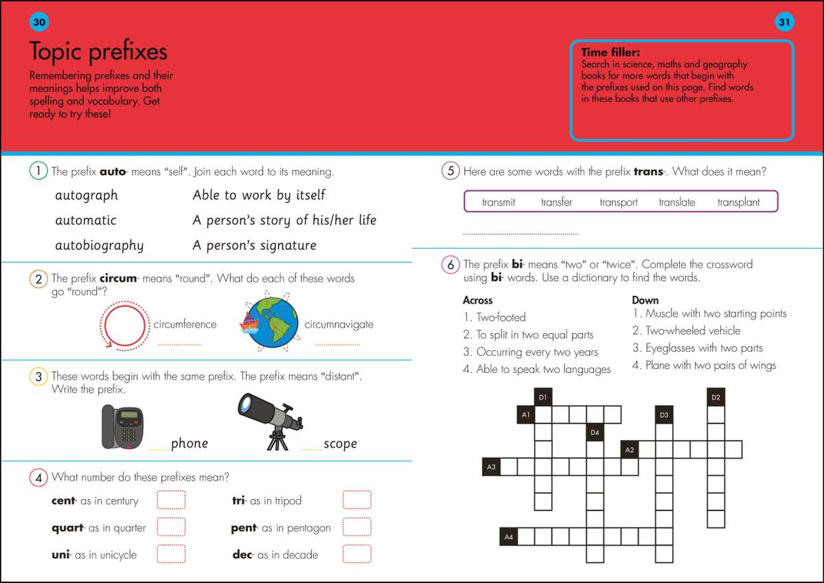 Children match words to meanings, write missing prefixes, and solve a crossword to learn common prefixes