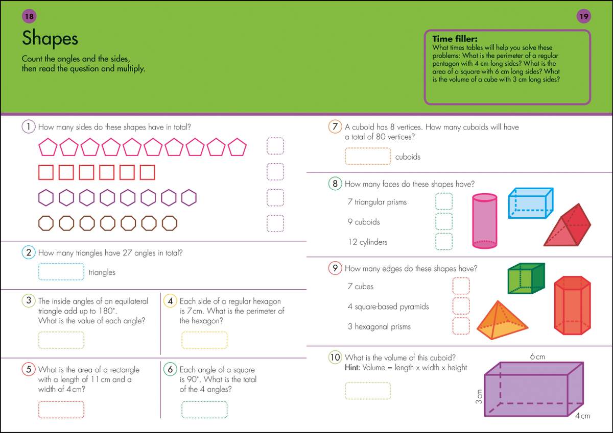 Ten questions on counting sides, angles and calculating perimeter, area and volume of shapes
