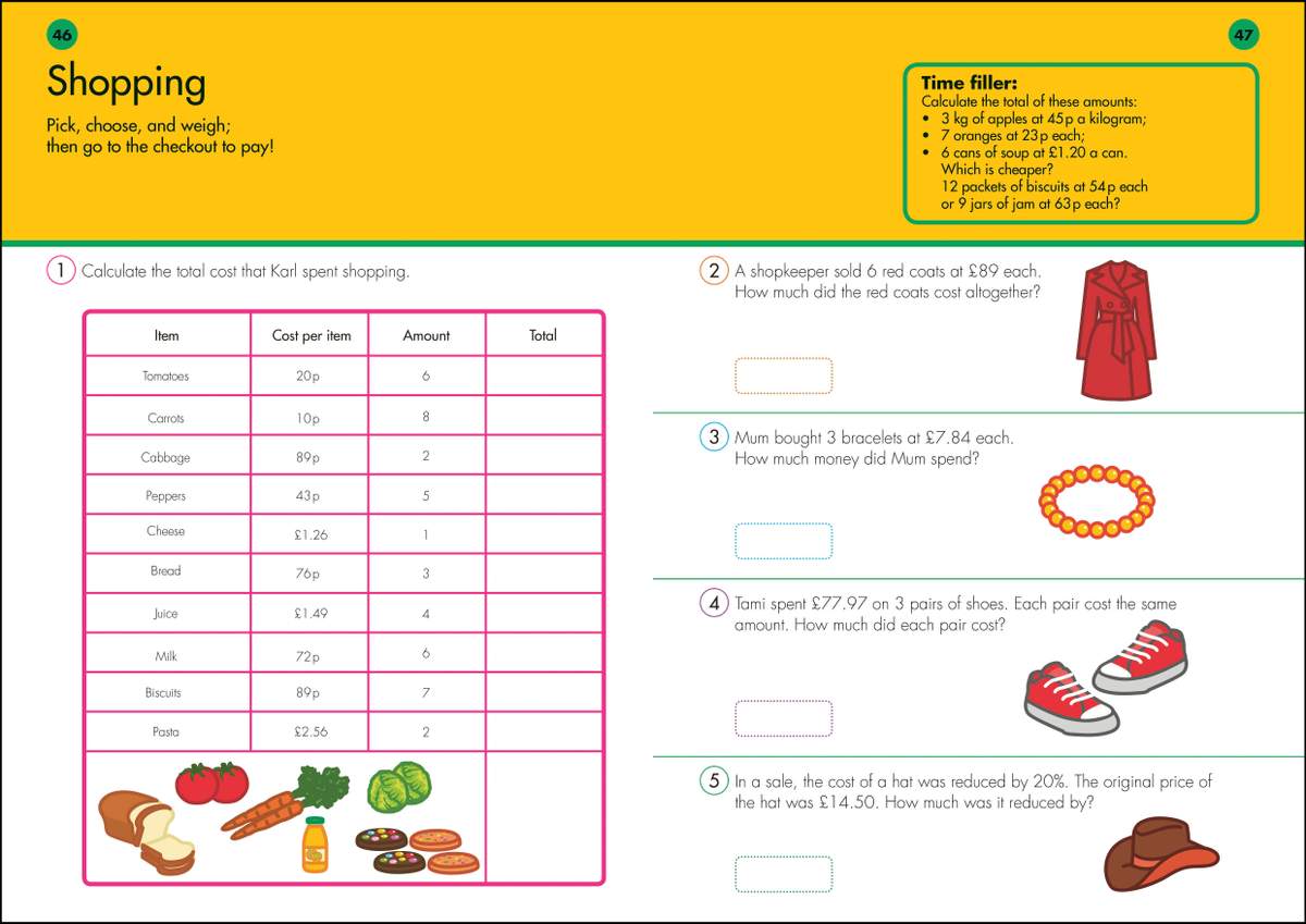 Children calculate costs and totals in a shopping scenario, using a table and word problems involving money
