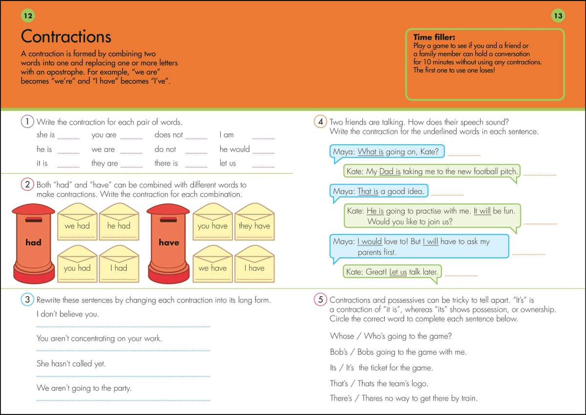 Children write contractions, expand them back to full sentences, and circle the correct word in tricky pairs