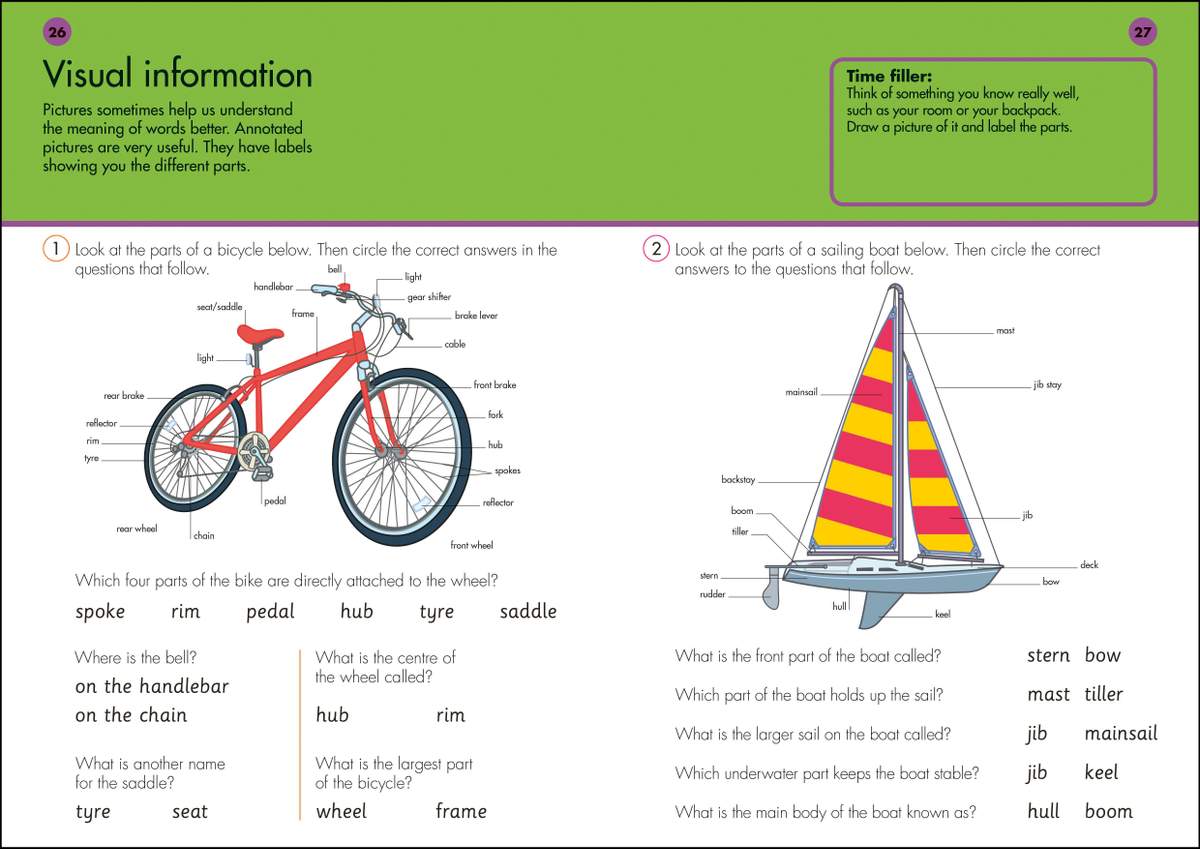 Children circle correct answers to questions about labelled diagrams of a bicycle and a sailing boat