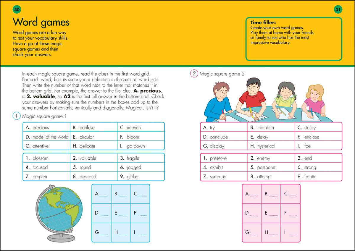 Two magic square word games where children match clues to synonyms and fill in a grid to check their answers
