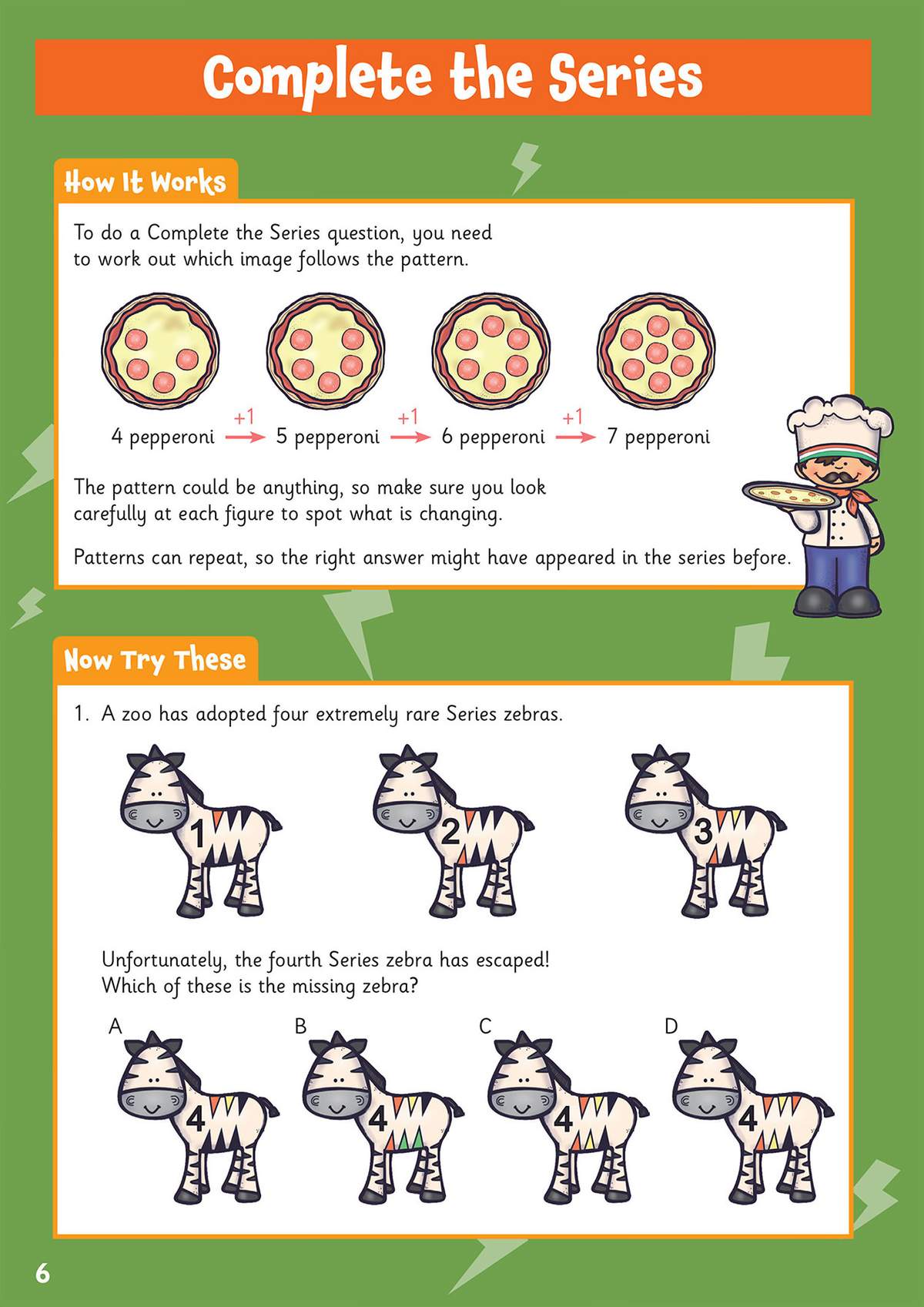 A worked example with pizzas shows how to spot a pattern, followed by a question where children choose the missing zebra