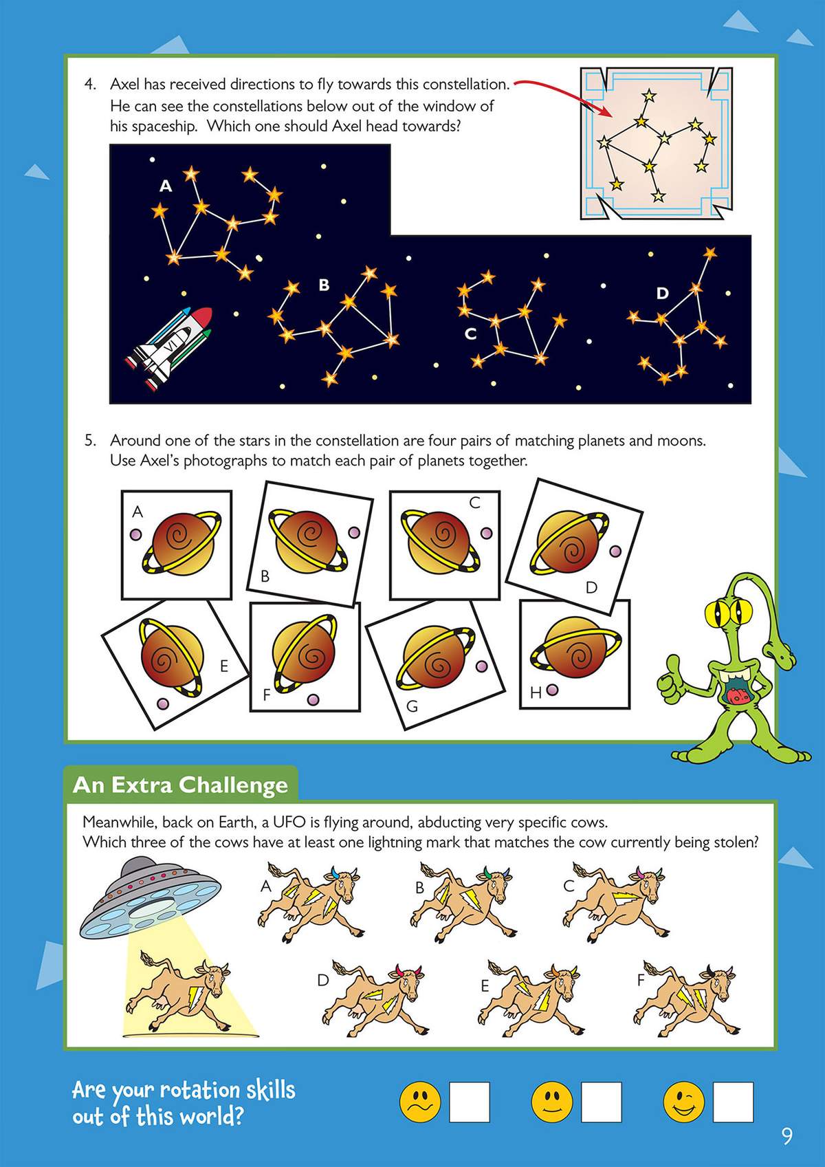 Children match rotated planets and identify matching lightning marks on cows, then tick a face to self-assess