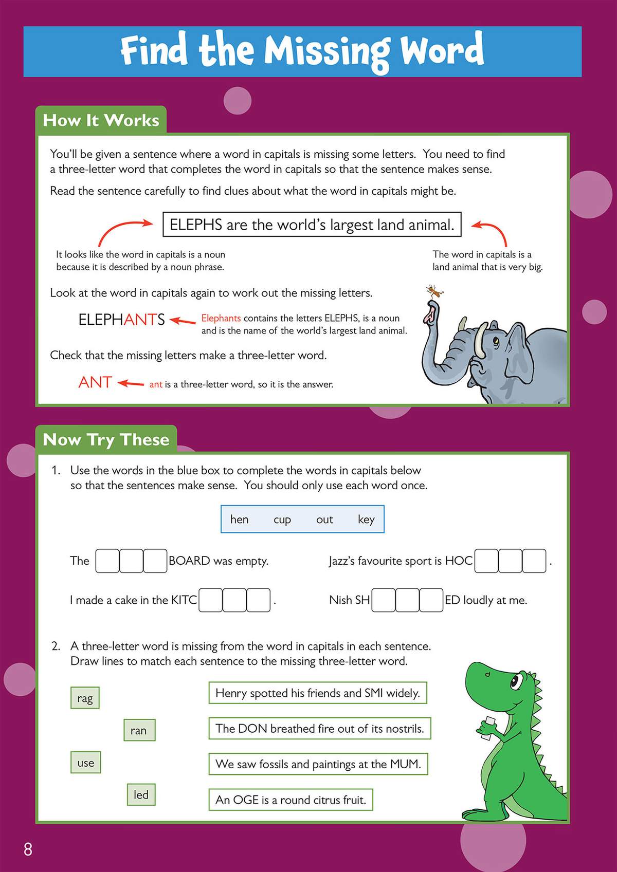 Children complete sentences by finding missing three-letter words and match sentences to the correct missing words
