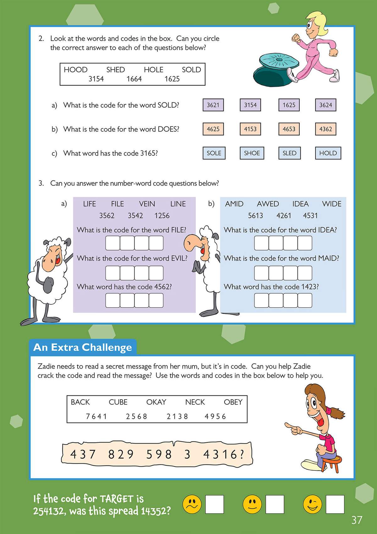 Children decode number-word codes to answer multiple-choice questions and fill in missing digits in a secret message