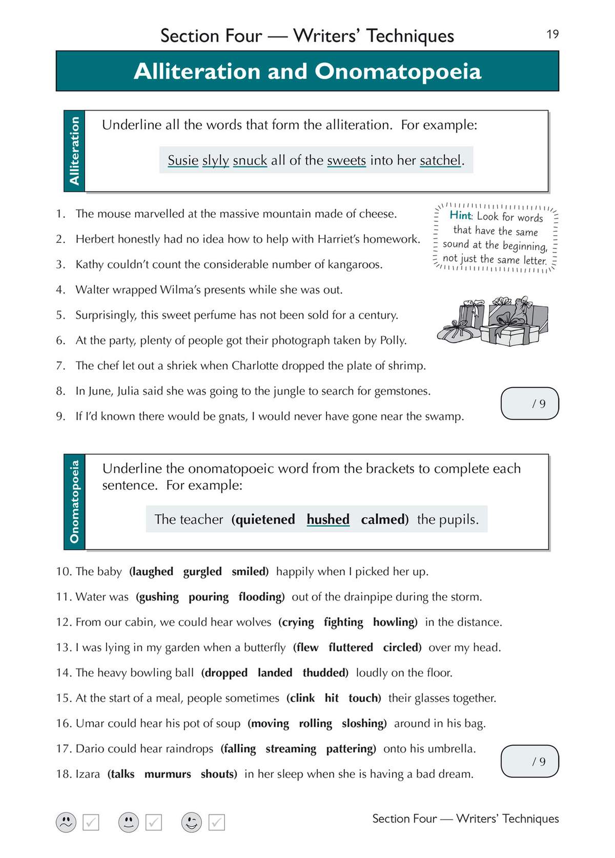 Children underline words to find alliteration and choose the correct onomatopoeic word from brackets to complete sentences