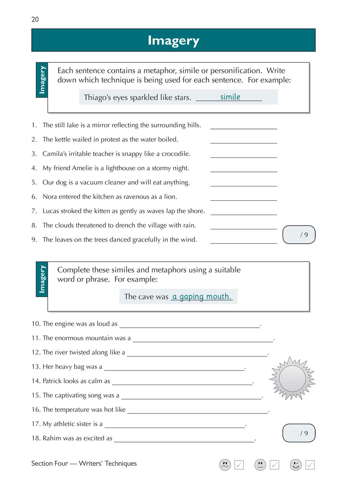 Children identify metaphors, similes and personification in sentences, then complete their own similes and metaphors using