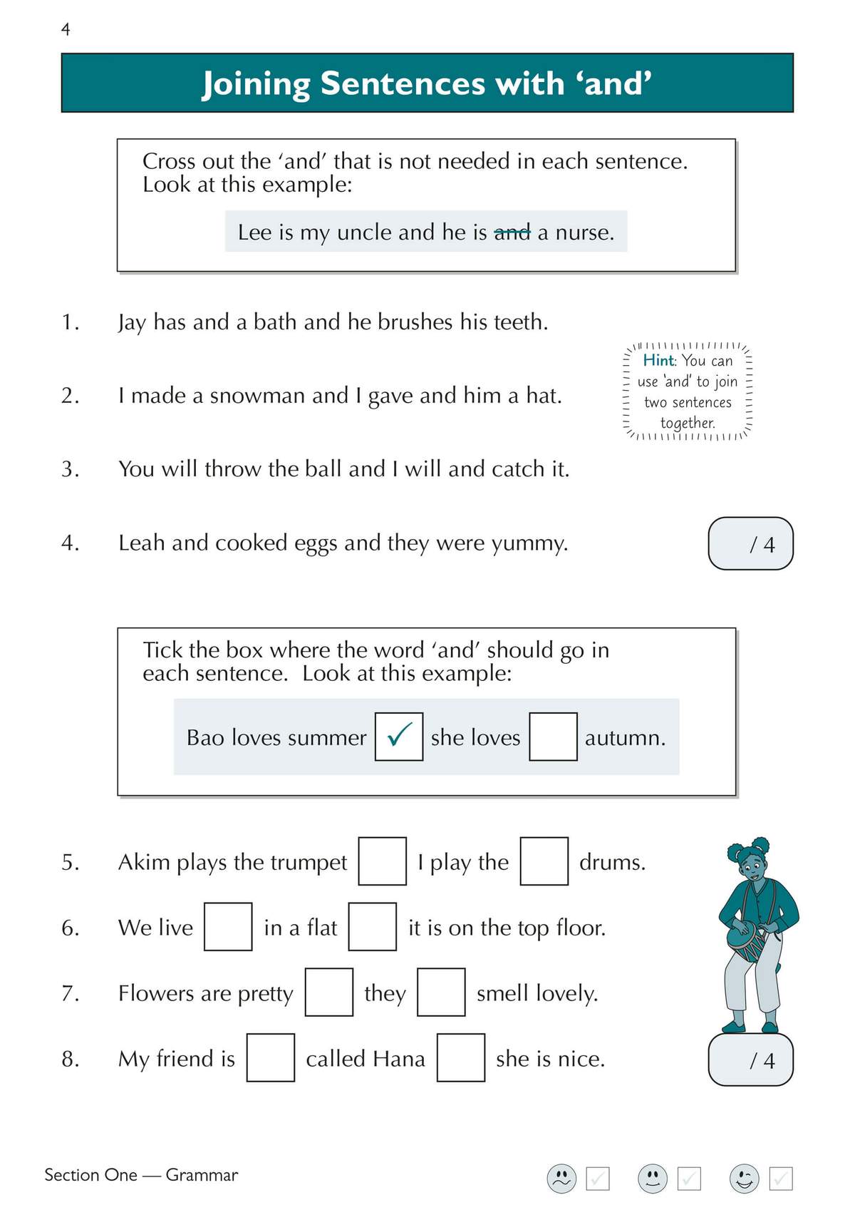 Children cross out unnecessary 'and's and tick where 'and' belongs to join sentences correctly