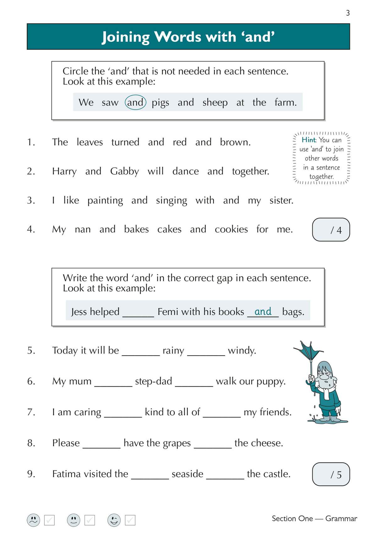 Children circle unnecessary 'and's in sentences, then fill gaps with 'and' to join ideas correctly