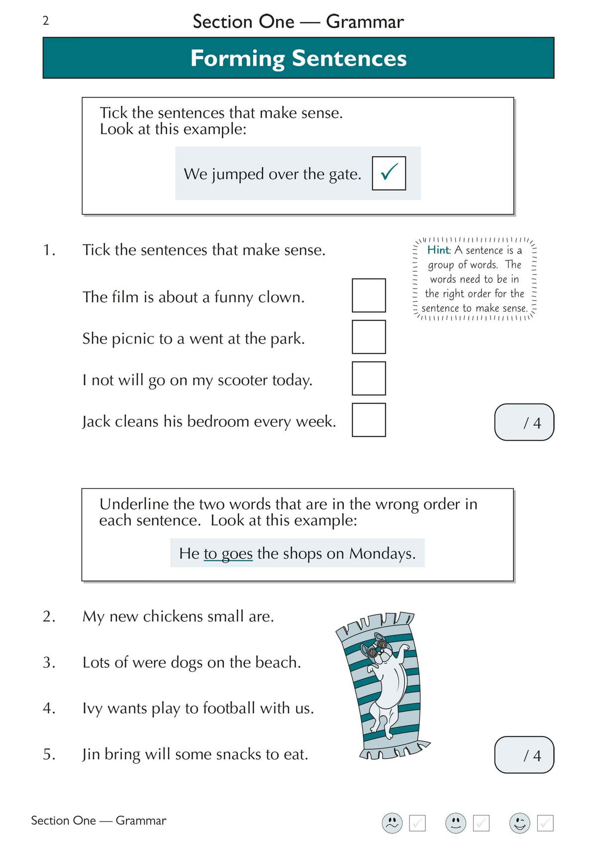 Children tick sensible sentences and underline wrong words to fix jumbled sentences, building grammar skills