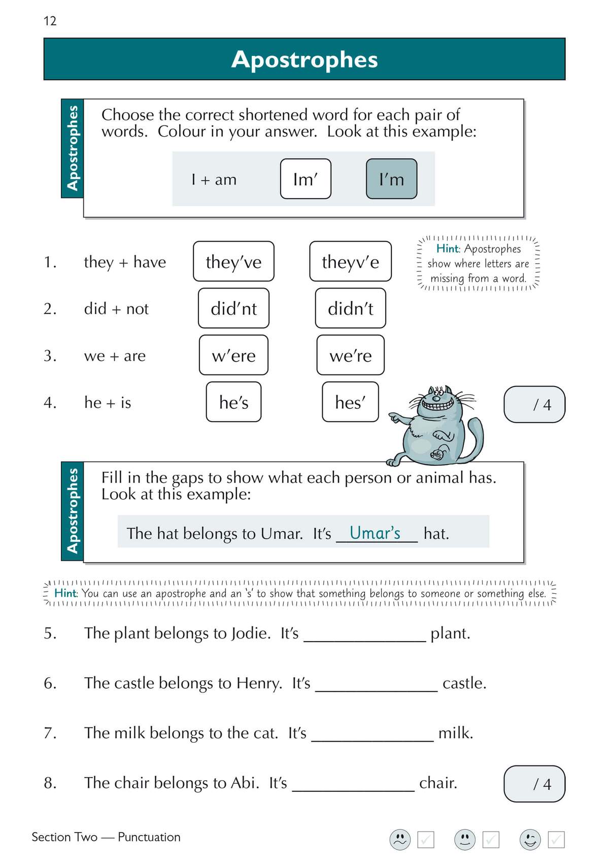 Children choose correct shortened words and fill in gaps to form possessives, building accuracy with apostrophes