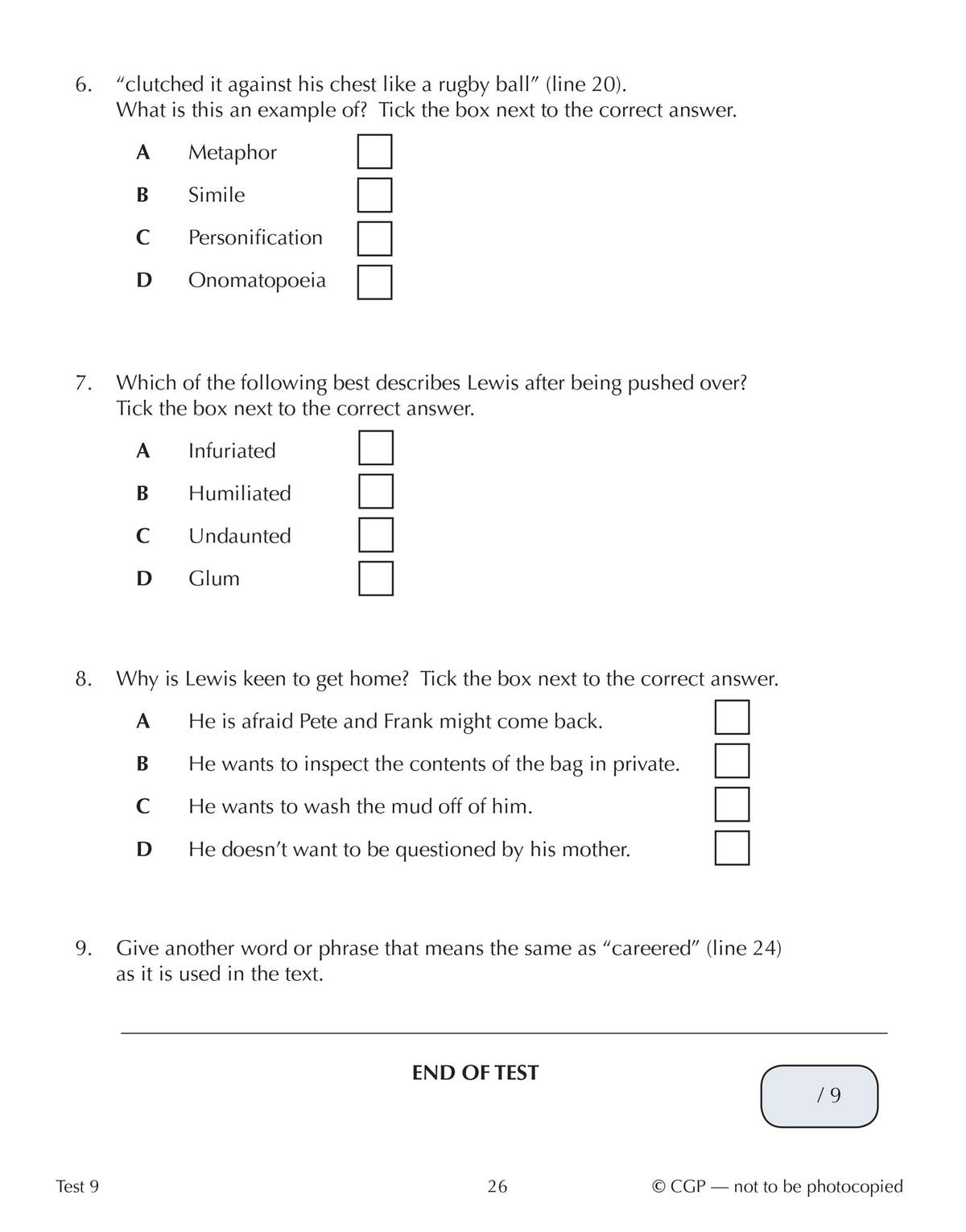 Four multiple-choice questions and one short-answer question test comprehension and vocabulary from a reading passage