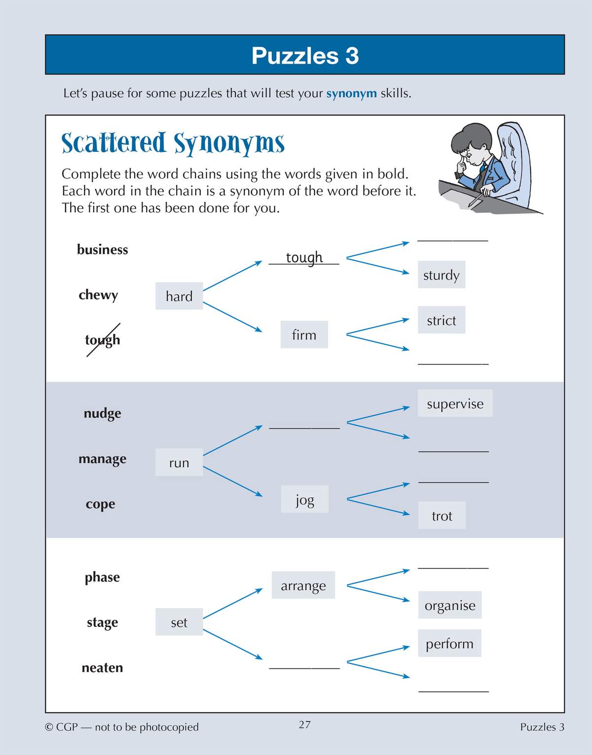 Children complete word chains by filling in missing synonyms, building vocabulary and association skills