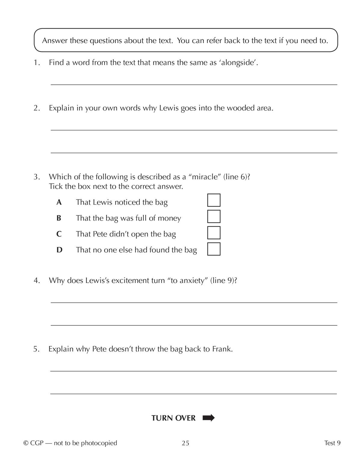 Five questions test vocabulary, inference, and understanding of a text, including a multiple-choice item to tick