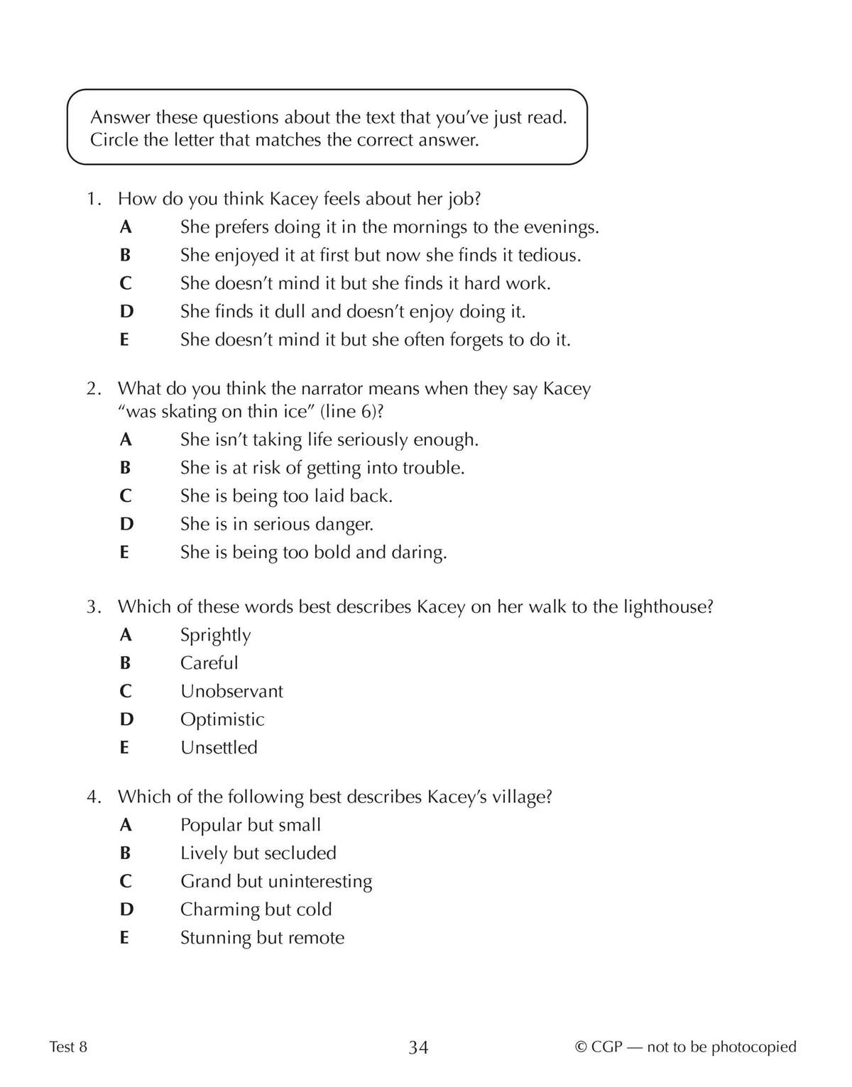 Four multiple-choice questions test understanding of a text, asking about Kacey's feelings, the narrator's meaning