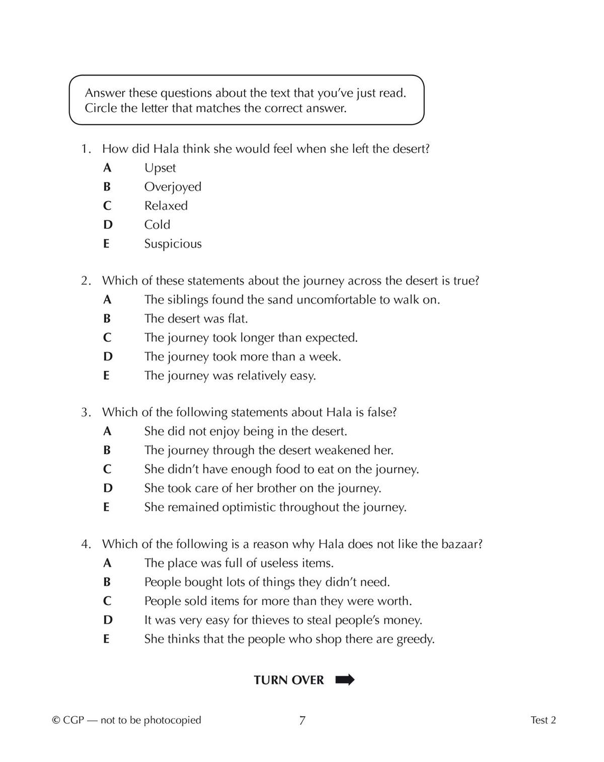 Four multiple-choice questions test understanding of a story about a girl named Hala and her journey across a desert