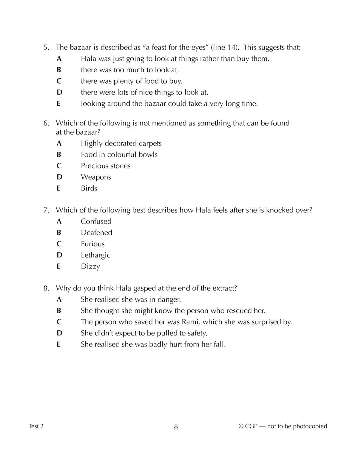 Four multiple-choice questions test understanding of a story extract about a character named Hala
