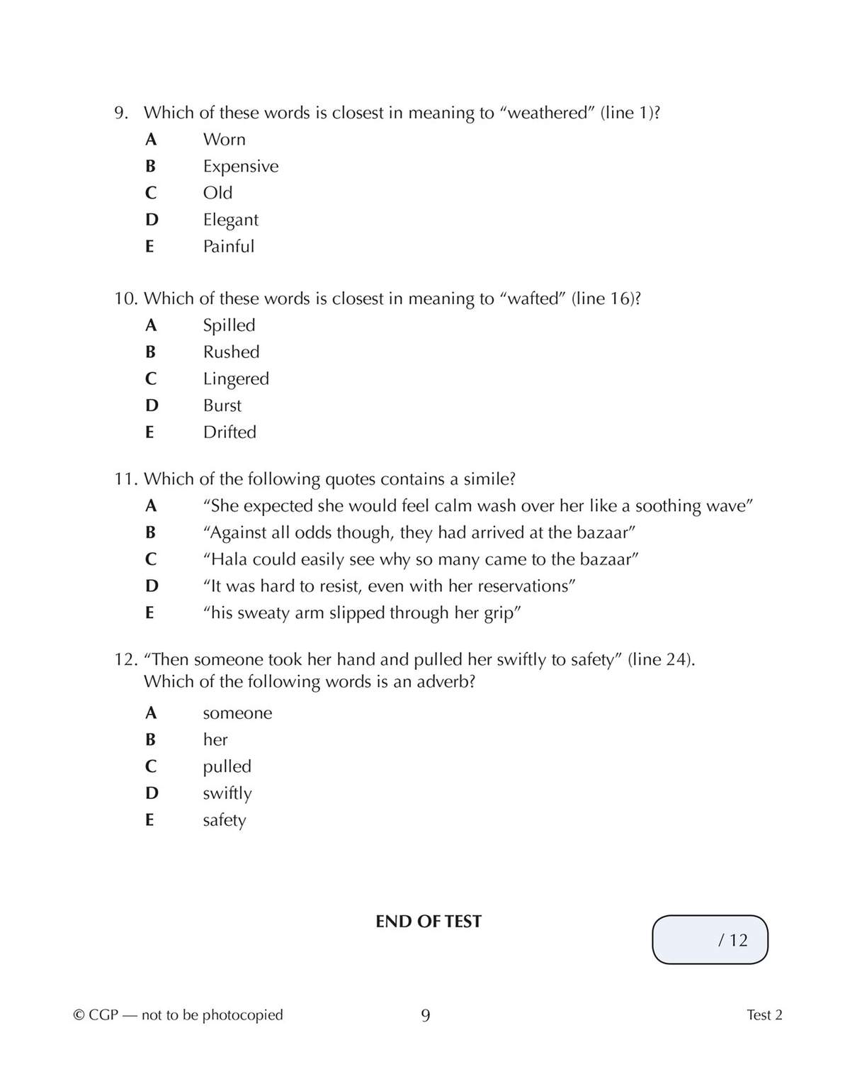 Four multiple-choice questions test vocabulary and grammar from a reading passage, including identifying adverbs and similes