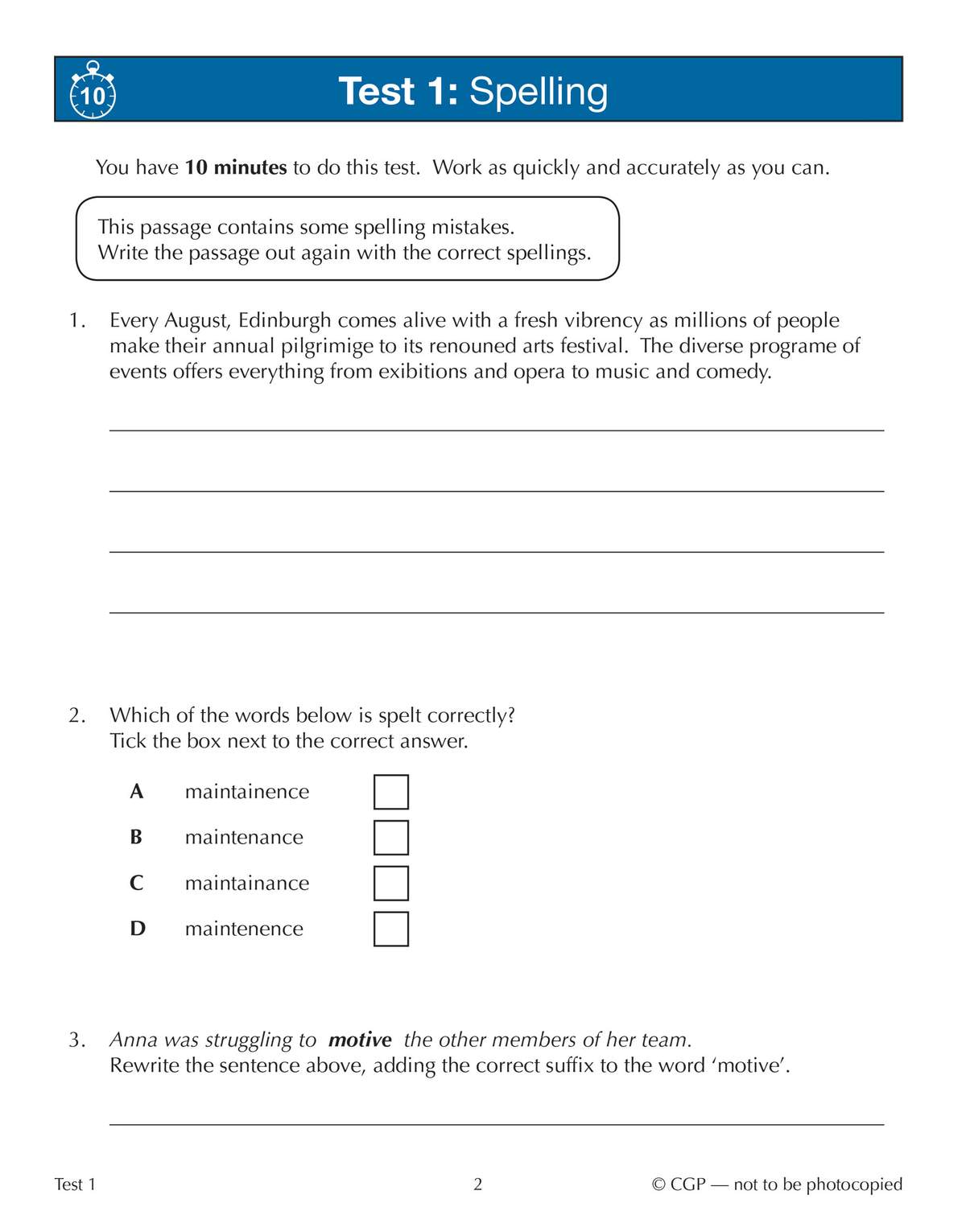 A timed spelling test where children rewrite a passage with errors, tick the correct word from four options