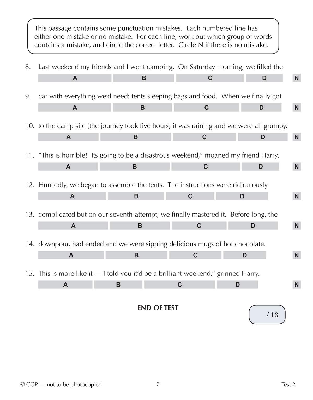 A test page with a camping story containing punctuation errors, where children circle the correct option for each line