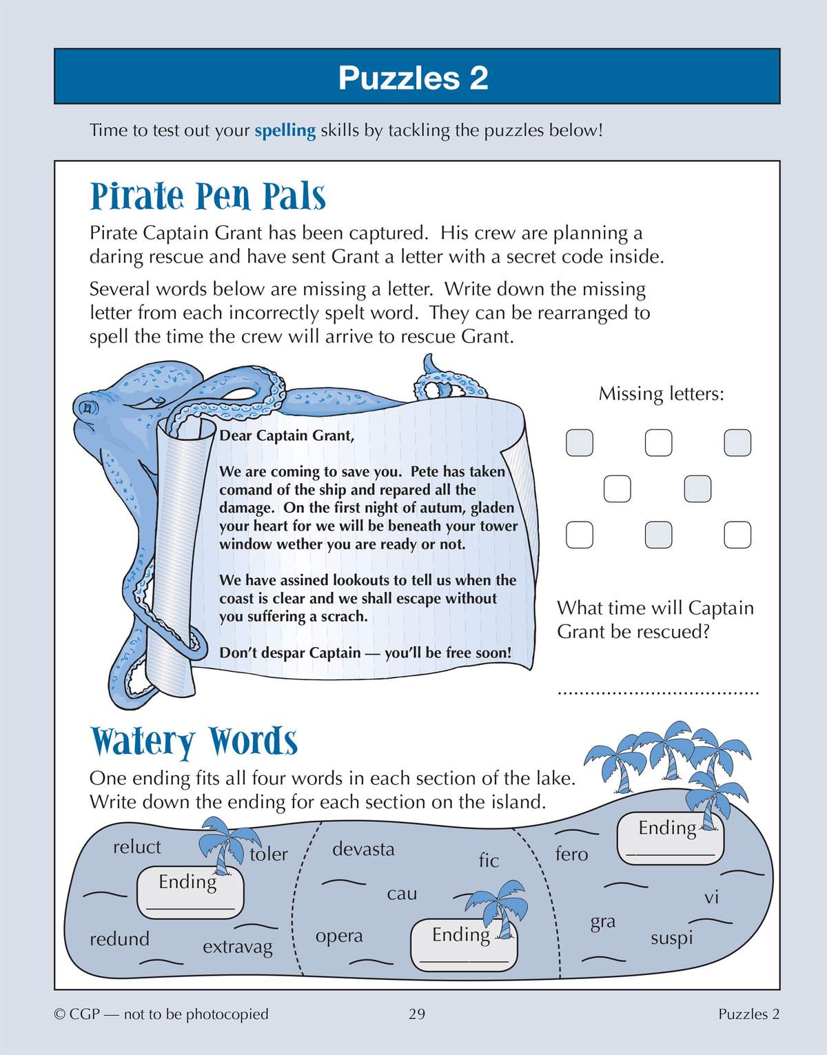 A pirate-themed spelling puzzle where children find missing letters in a letter and match word endings to complete words