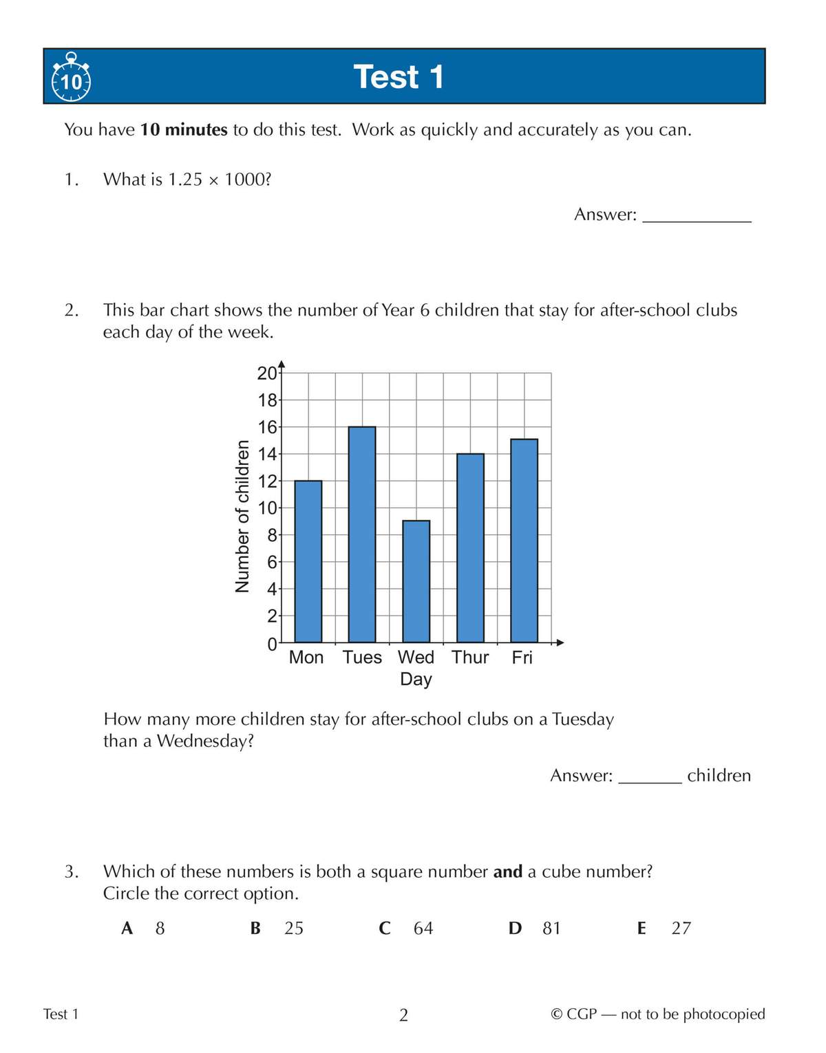 A timed maths test with a calculation, a bar chart to interpret, and a multiple-choice question on square and cube numbers