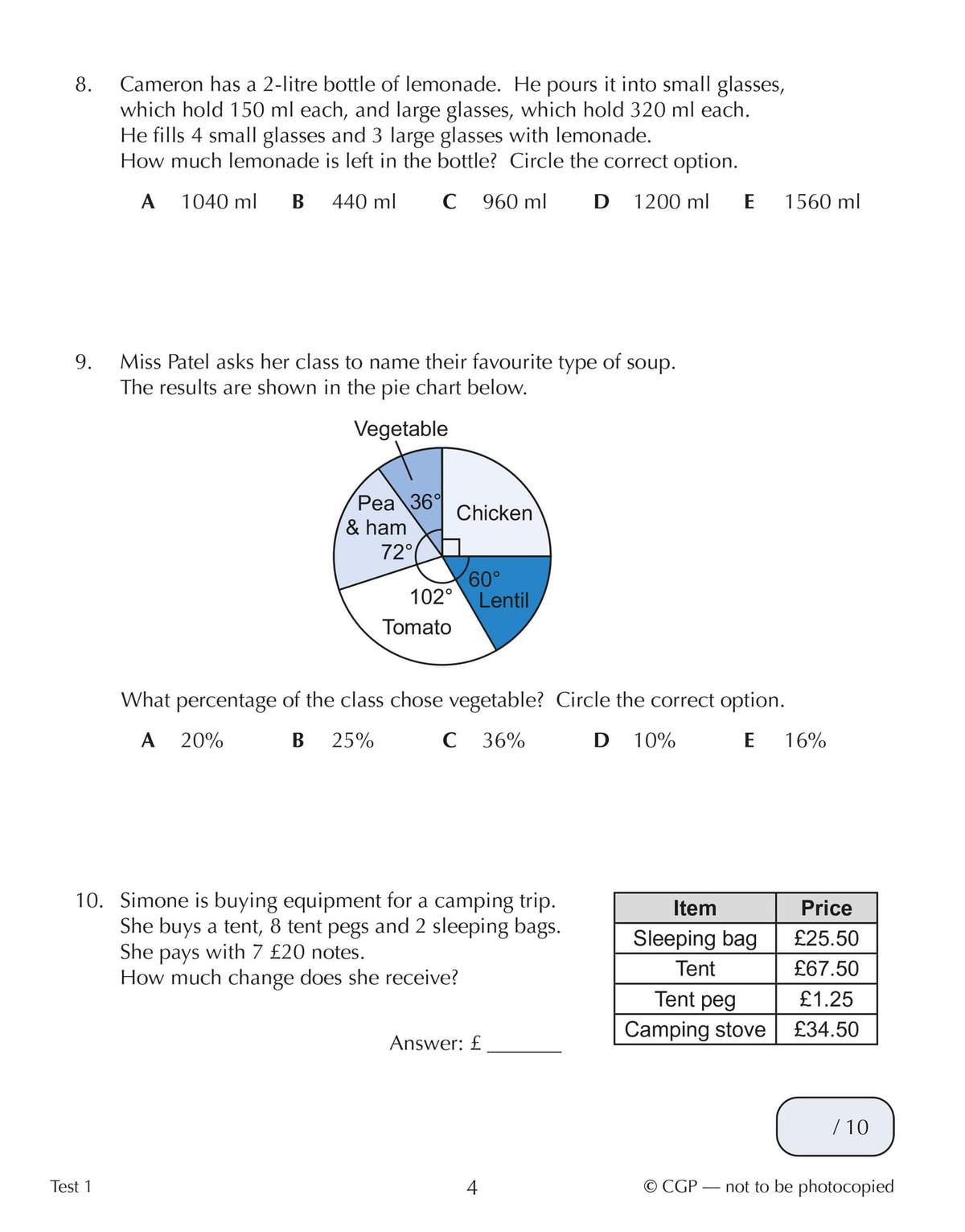 Three maths questions on volume, pie charts and money, including a pie chart to interpret and a price list to use