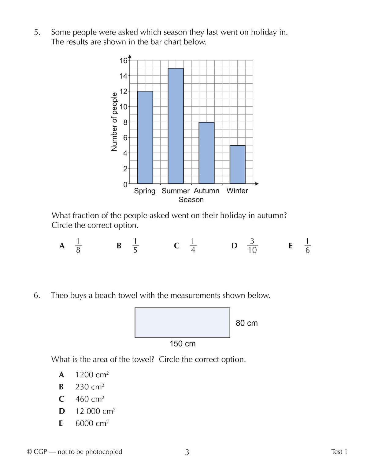 Two word problems involving a bar chart and a rectangle, requiring children to interpret data and calculate area