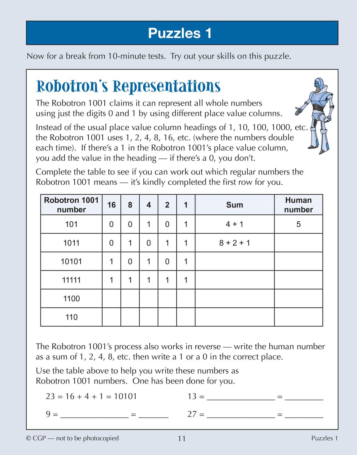 Children complete a table to convert binary numbers to human numbers, then write human numbers as binary sums