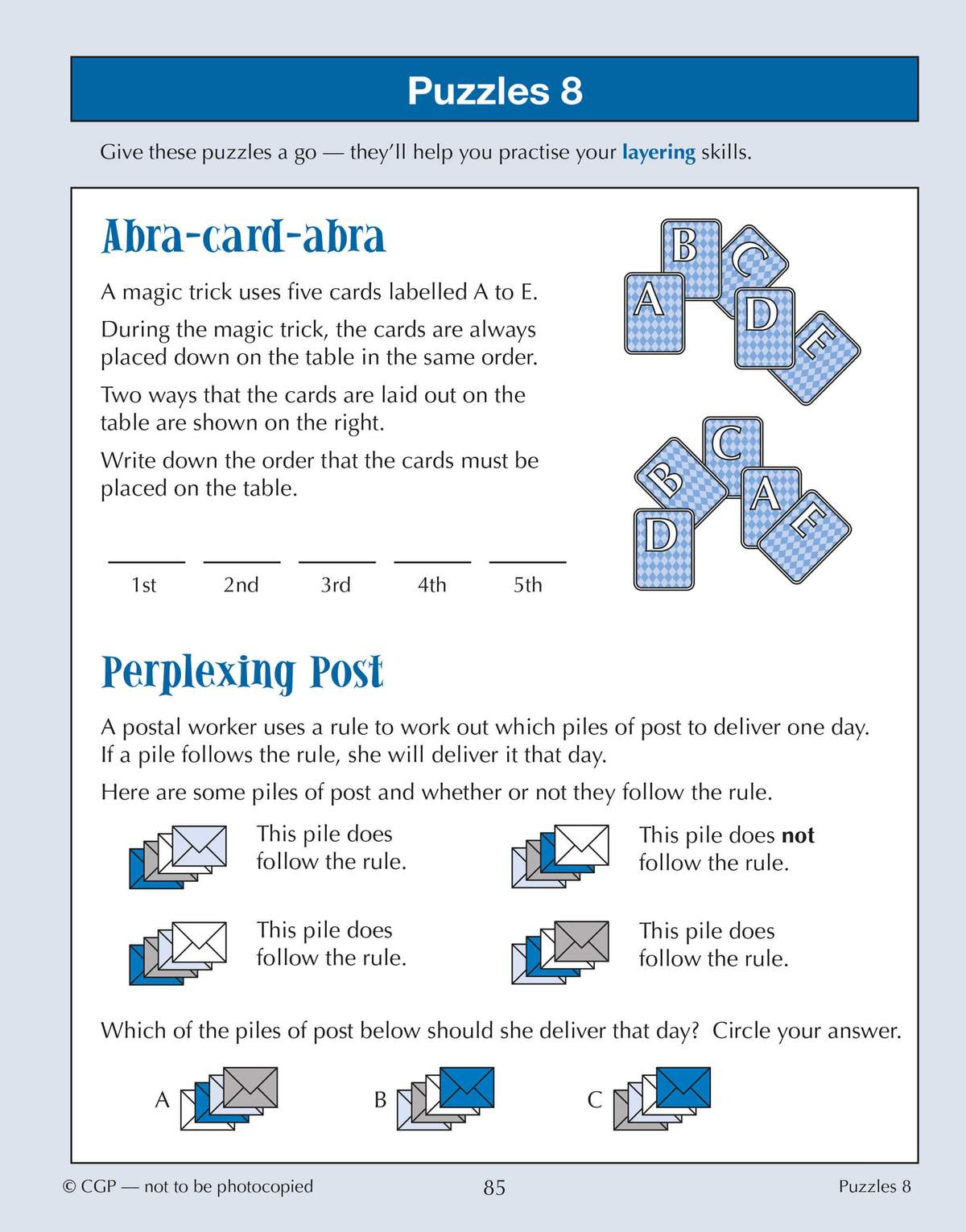 Two non-verbal reasoning puzzles on card layering and postal rules, with spaces to write answers and envelopes to circle