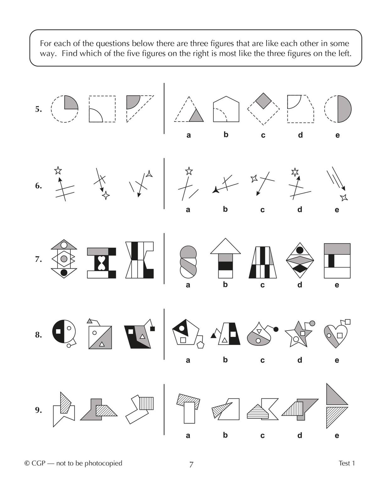 Five non-verbal reasoning questions where children find the matching figure from five options