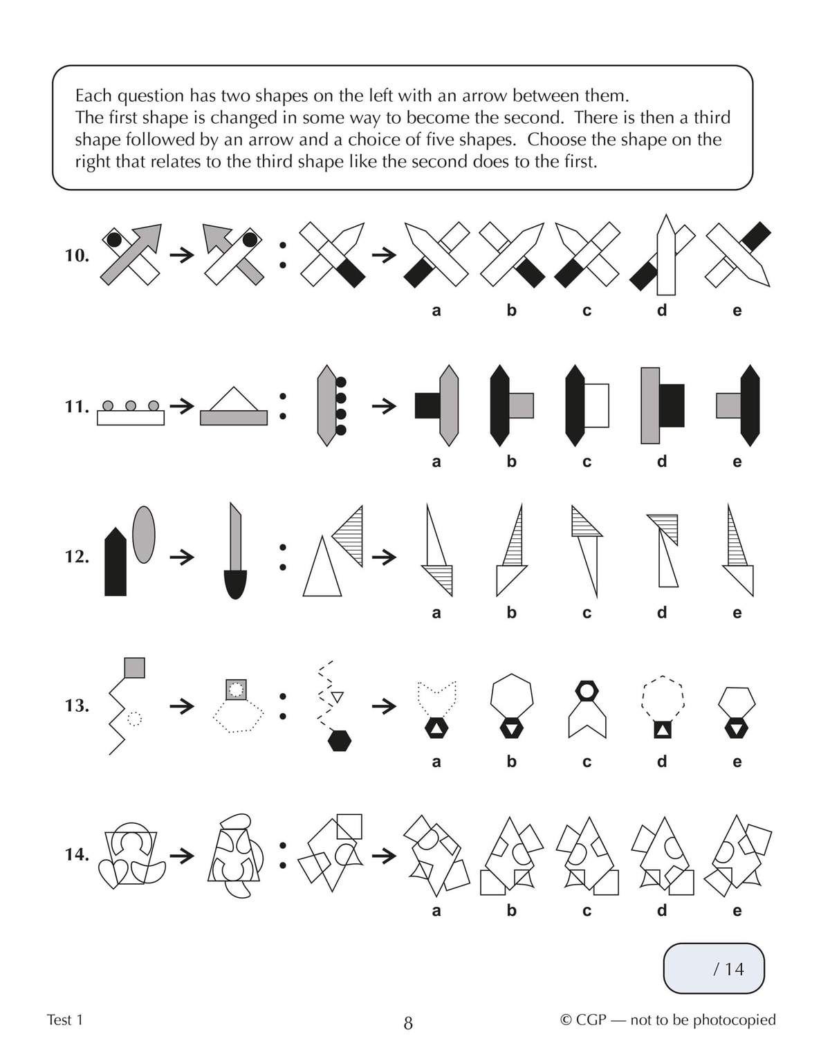 Five non-verbal reasoning questions where children identify the rule changing one shape into another and apply it to a new