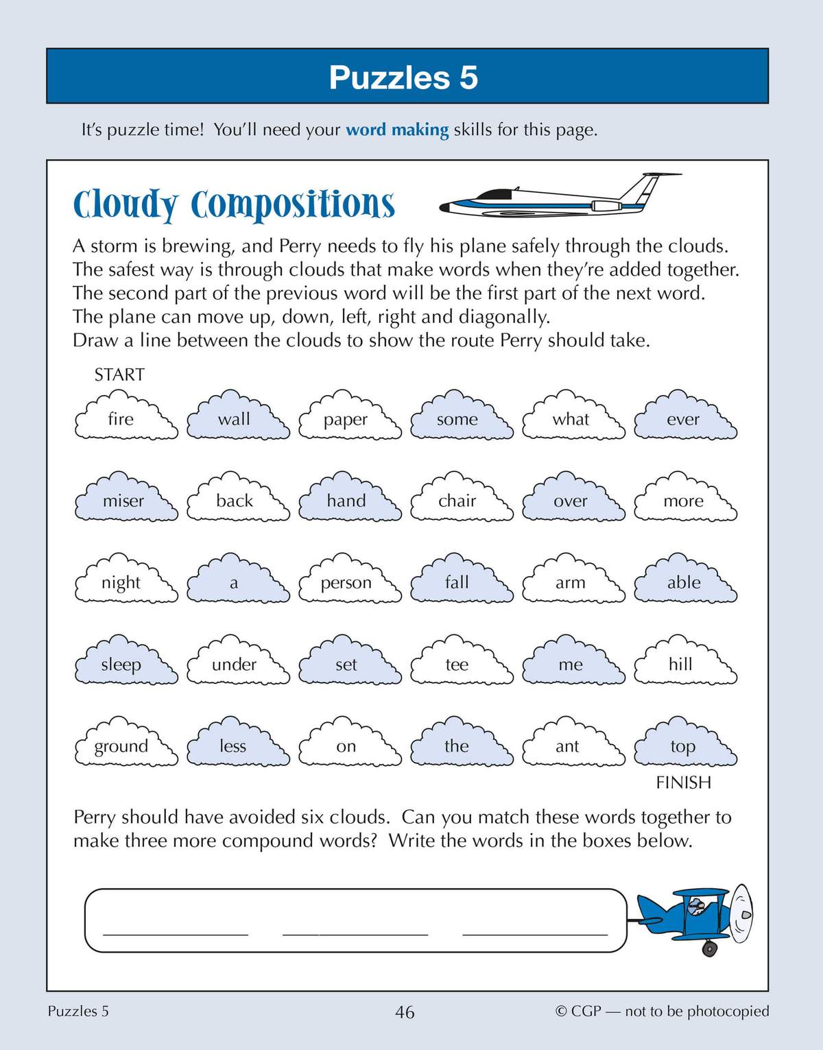 Children draw a route through clouds to form compound words, then write three more in boxes