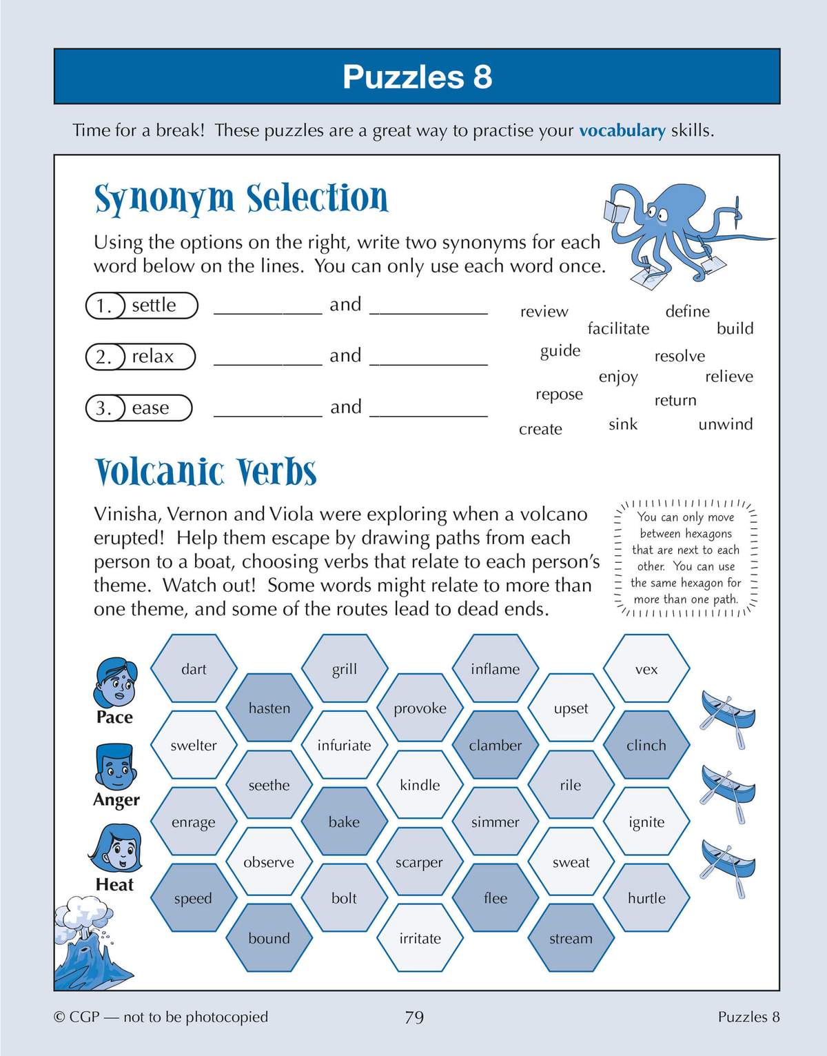 Children write synonyms for three words, then draw paths through a hexagon maze to help characters escape a volcano